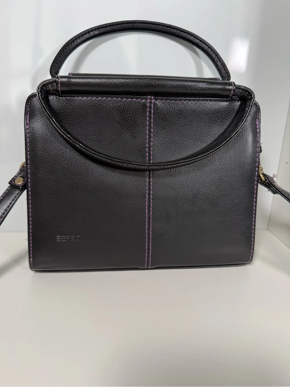 Vintage Esprit Black Top Handle Crossbody Purse with Purple Contrast Stitching